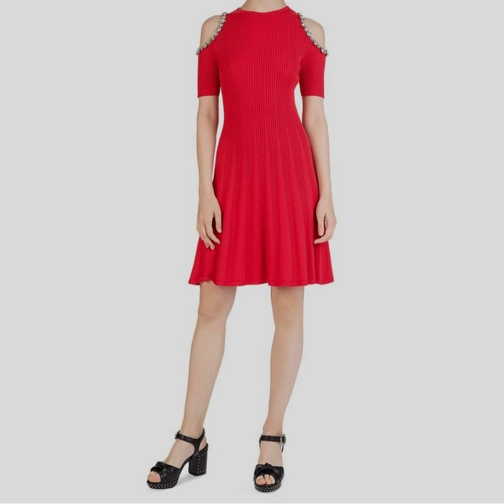 The Kooples Red Fit Flare Jewel Cold Shoulder Knit Dress